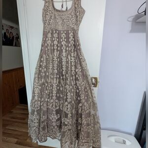 Elegant Lace Embroidered long Dress With Scarf